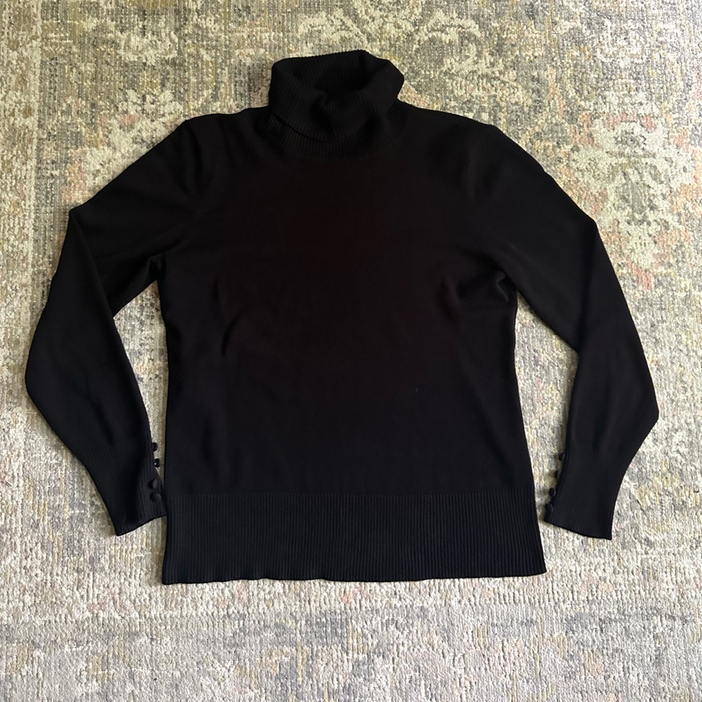 Black Cable Knit Turtleneck Sweater Button Cuff Sleeves Fitted Classic Preppy